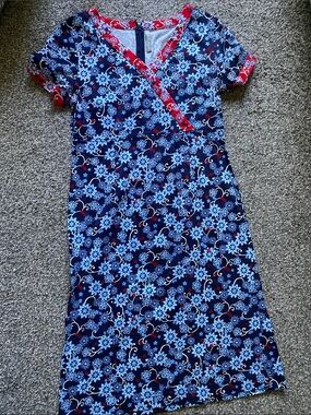 Hanna Andersson Navy Blue Floral Wrap Dress with Red Trim